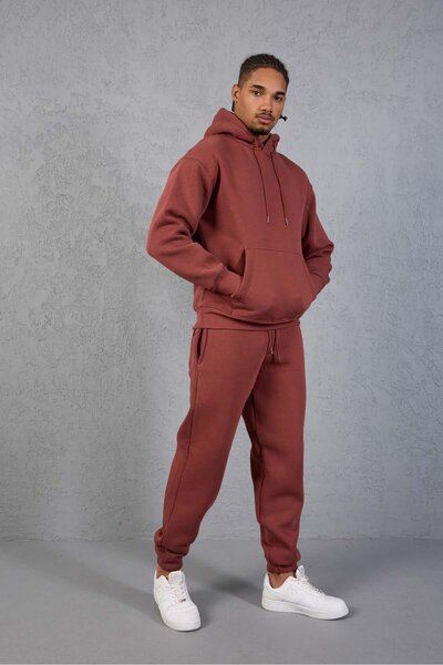 Valiberta Fleece-Lined Kangaroo Pocket Sweatshirt - 3 Thread Fleece-Lined Rubber Cuffs Men's Sweatpants - Tracksuit Set