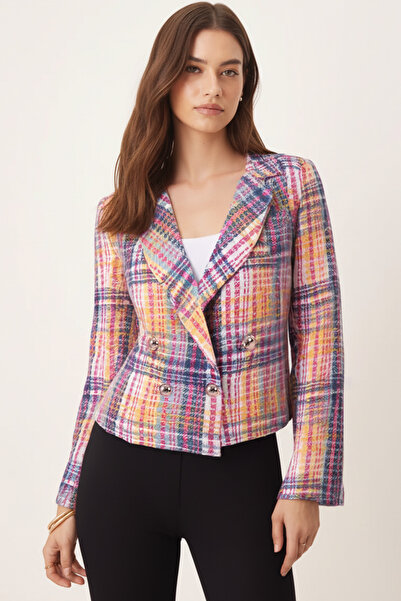 armonika Women's Yellow-Fuchsia Double-Breasted Collar Tweed Crop Jacket Arm-24K001014