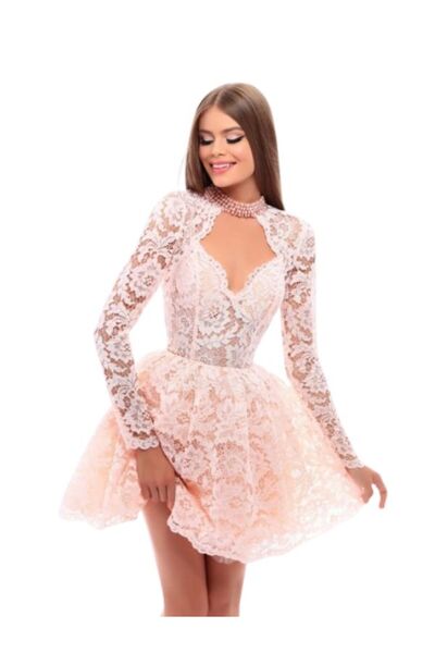 TARIK EDİZ Rochie de ocazie roz prafuit scurta baby doll din dantela cu perle