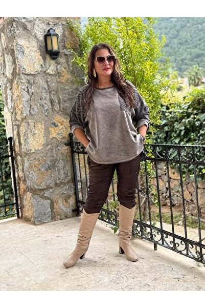 Punta Otantik Yg2098 Shoulder Pocket Lace Suede Sweatshirt Brown