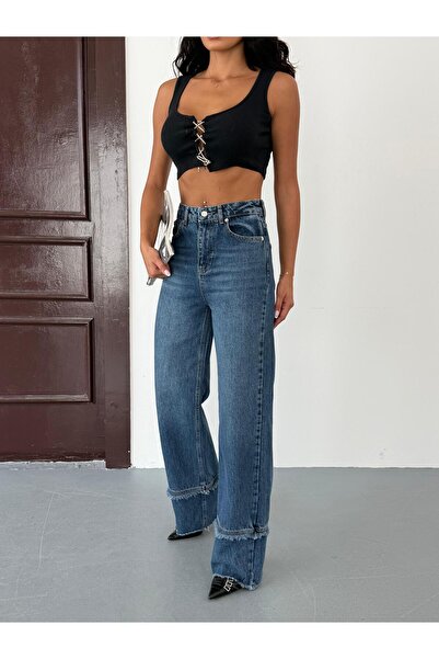 Zeo Basic Жіночі джинси з високою талією і широкими штанинами (деталізовані штанини) Сині джинси Wide Leg Jean