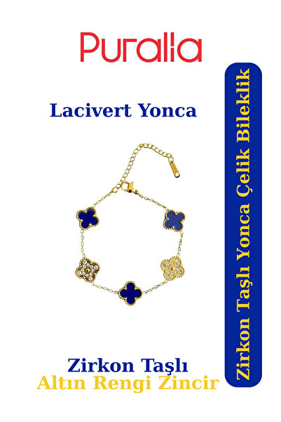 Puralia Zircon Stone Navy Blue Clover Steel Bracelet - Gold Yellow Chain