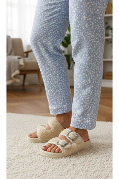 Hızlı Al Buckled Fur Women's Slippers. Winter Fur Fabric Women's Slippers. Winter Slippers