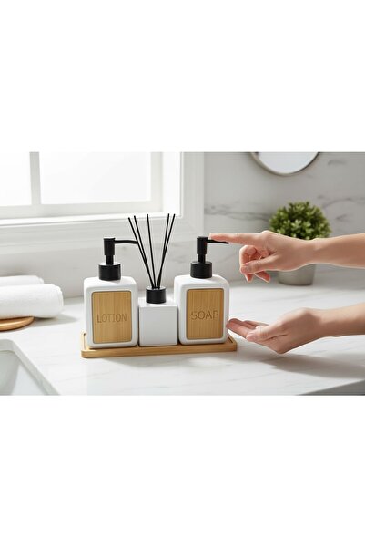 Trendylife Σετ μπάνιου Bounies - σετ δοσομετρητή υγρού σαπουνιού με βάση από μπαμπού 4 τεμαχίων λευκό