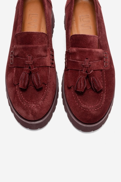 LuviShoes Poen Burgundy Suede Genuine Leather Tasseled Women's Loafer Shoes