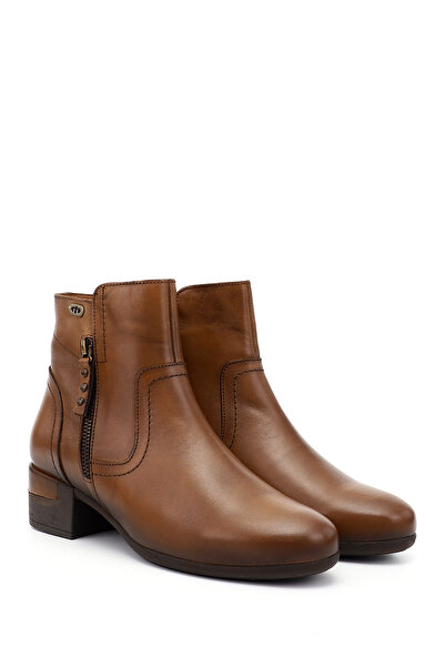 GÖNDERİ(R) Women/Girls Tan Antique Zippered Thick Heeled Genuine Leather Boots