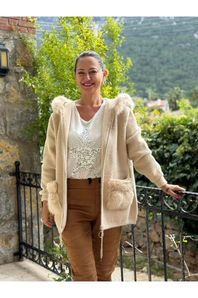 Punta Otantik Pt10665 Hooded Pocket Fur-Lined Italian Angora Coat Cream