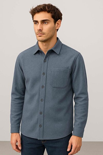 Valiberta Мъжка риза с единичен джоб и свободна кройка от Frankel Check Fabric - тъмносиня