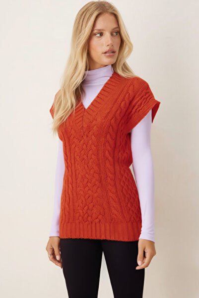 armonika Women's Orange V-Neck Hair Braided Knitwear Sweater Arm-26K136006