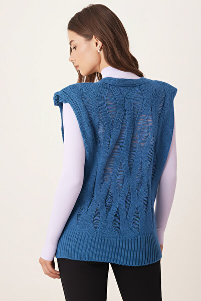 armonika Women's Blue V-Neck Knitwear Sweater Arm-26K136014