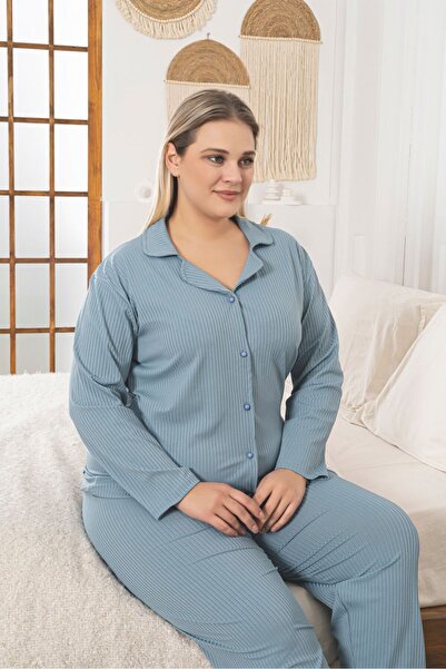 Asel Σετ υφασμάτινης πιτζάμα μεγάλου μεγέθους με κουμπιά πλέξη ριμπ