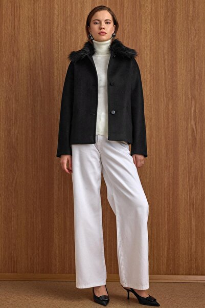 Olcay Short Fur Coat with Detachable Collar Black 3158