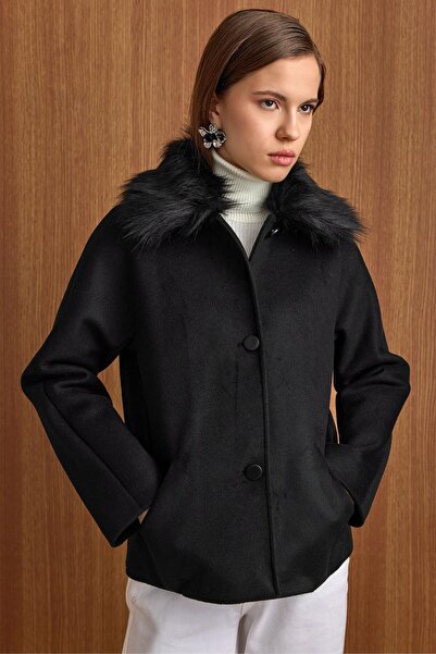 Olcay Short Fur Coat with Detachable Collar Black 3158
