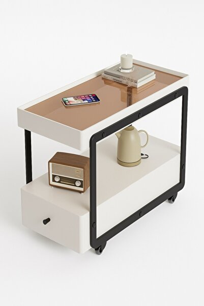 eR D L Măsuță de cafea laterală cu blat de sticlă, 80x30x60cm, albă,