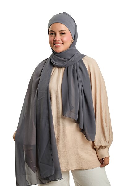 HÜRREM BONE Anthracite Practical Ready-To-Wear Bonnet Shawl Chiffon Plain 2506_25