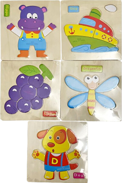 KİDS LOVE PLAY Set de 5 puzzle-uri din lemn, tablă Incastru, hipopotam, navă,...
