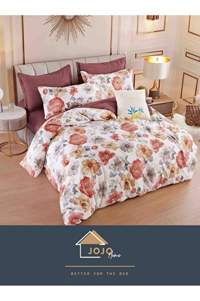 JOJO HOME Bed linen set, fine cotton, 6 pieces, 230x240cm, White / Burgundy with flowers