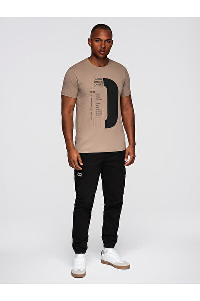 OMBRE Ανδρικό μπλουζάκι με μεγάλη εκτύπωση - ανοιχτό καφέ V2 OM-TSPT-0166