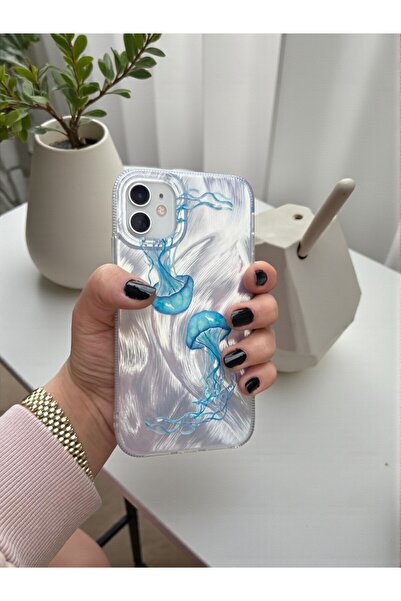 KVK PRİVACY iPhone 11 Compatible Jellyfish Patterned Feathered Hologram Silicone Case