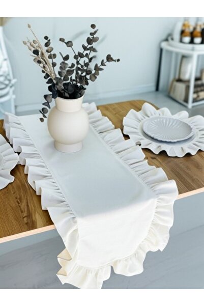 RH Rosehan Natural Frilly Runner Cover Cotton Vintage Ecru 40 X 110 cm