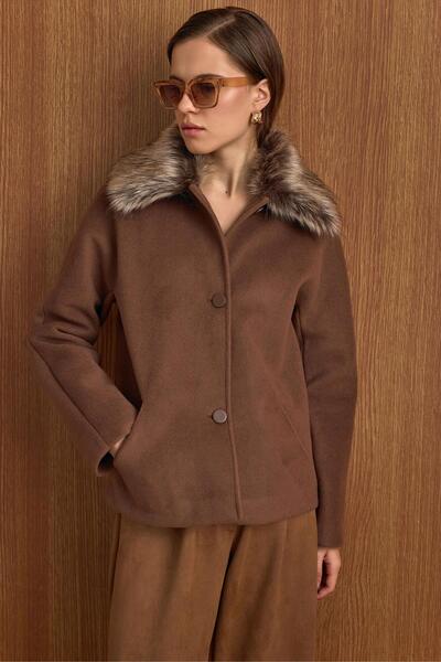 Olcay Short Fur Coat with Detachable Collar A.Brown 3158