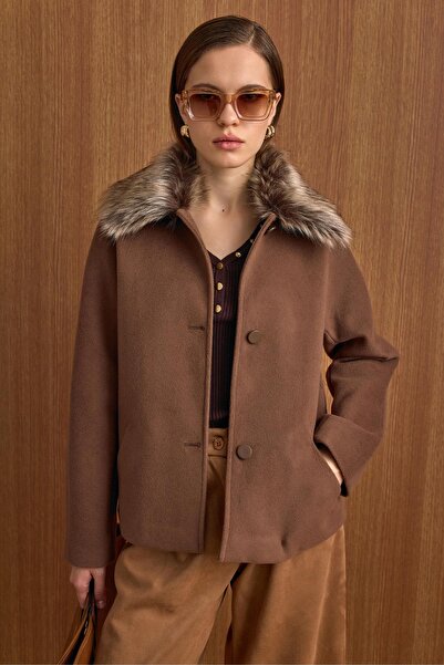 Olcay Short Fur Coat with Detachable Collar A.Brown 3158