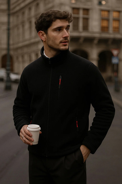 COMBİNE MİCHAİL Erkek Dik Yaka Fermuarlı Siyah Bol Polar