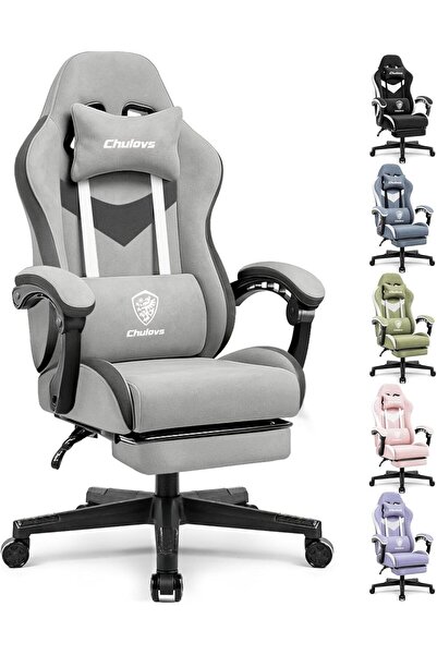 Chulovs Gaming Chair - Ergonomic Reclining with Footrest, Lumbar Support (Grey)