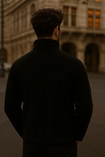 COMBİNE MİCHAİL سترة فضفاضة سوداء للرجال مزودة بـ ياقة مرتفعة متوسطة الطول سحابات