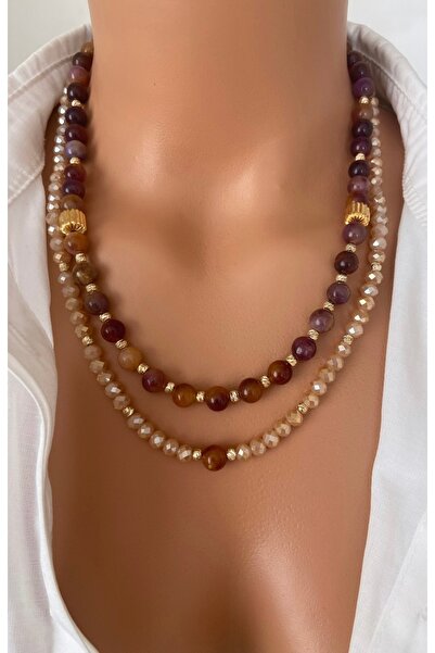 TARZ-I TAKI ( 2 KOLYE ) Capuccino KUVARS Taşı Çek Kristali Özel Tasarım İkili Kolye