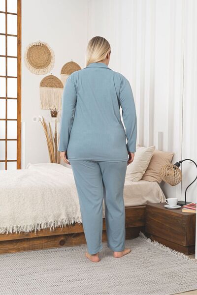 Asel Large Size Buttoned Ribbed Knit Fabric Pajama Set