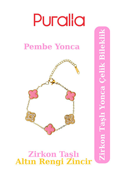 Puralia Zircon Stone Pink Clover Steel Bracelet - Golden Yellow Chain