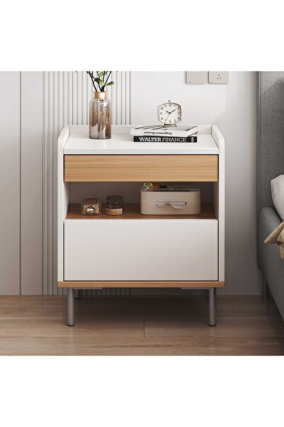 Venpara Bedside Table with Fence Design & 3-Storage Spaces, Sturdy Nightstand with Anti-Slip Mat