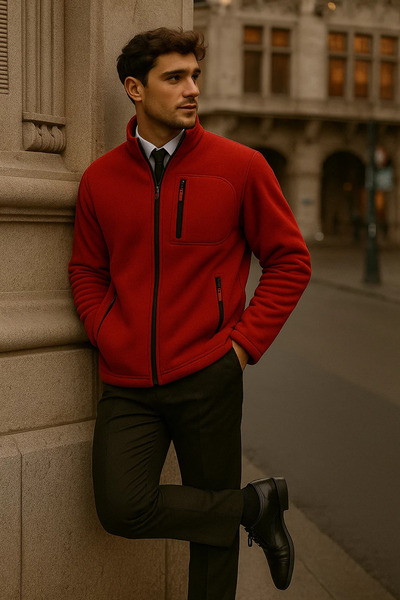 COMBİNE MİCHAİL Erkek Dik Yaka Fermuarlı Kırmızı Bol Polar