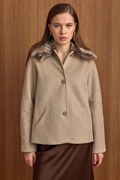 Olcay Short Fur Coat with Detachable Collar Taş 3158