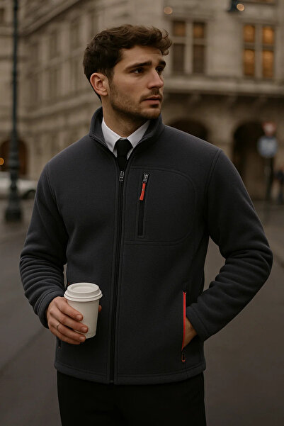 COMBİNE MİCHAİL Erkek Dik Yaka Fermuarlı Füme Bol Polar