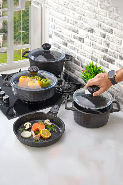 PoloChef طقم أواني طهي من الكريستال والجرانيت مكون من 7 قطع باللون الأسود