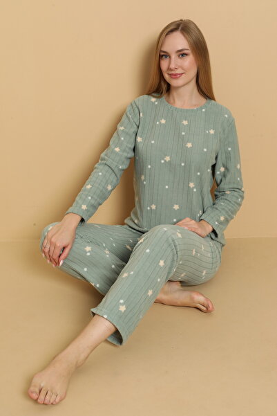STELLAPİNK Yeşil Raporlu Yıldız Desenli Polar Uzun Kollu Pijama Takımı