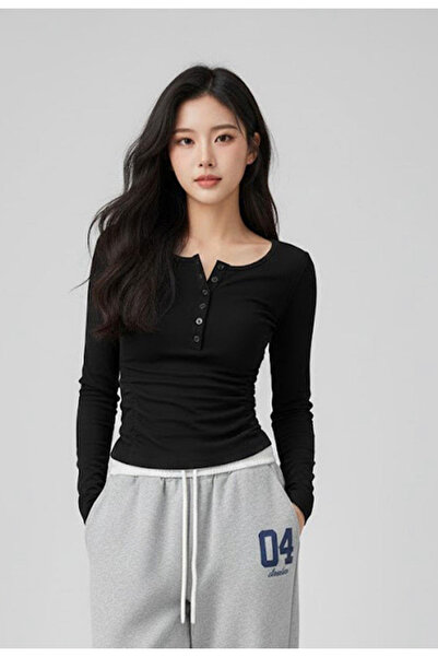 Köstebek Buttoned Solid Color Basic Long Sleeve Blouse