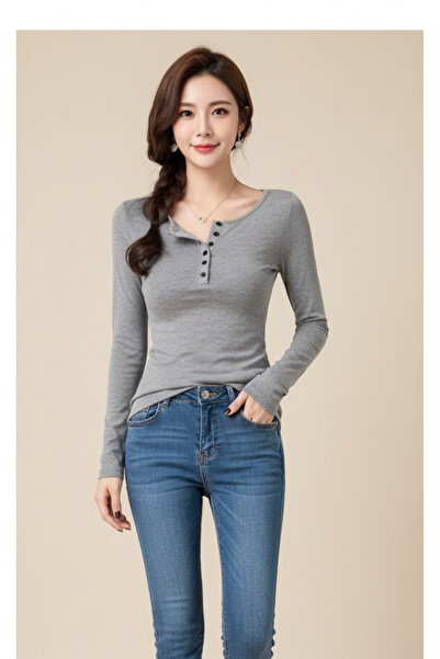 Köstebek Buttoned Solid Color Basic Long Sleeve Blouse