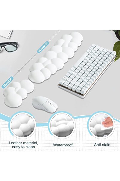 Leolee Cloud Wrist Rest Set for Keyboard & Mouse, White PU Leather, Non-Slip Base