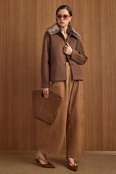 Olcay Short Fur Coat with Detachable Collar A.Brown 3158