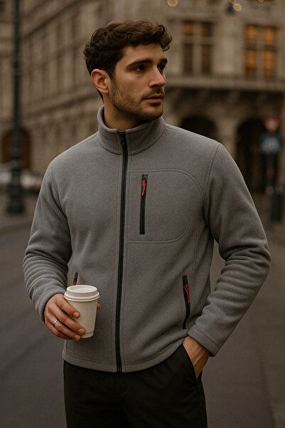 COMBİNE MİCHAİL سترة رجالية فضفاضة باللون الرمادي مزودة بـ ياقة مرتفعة متوسطة الطول سحابات