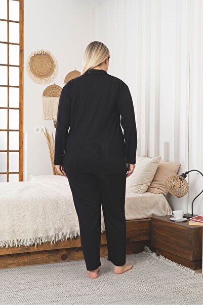 Asel Large Size Buttoned Ribbed Knit Fabric Pajama Set