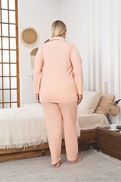 Asel Large Size Buttoned Ribbed Knit Fabric Pajama Set