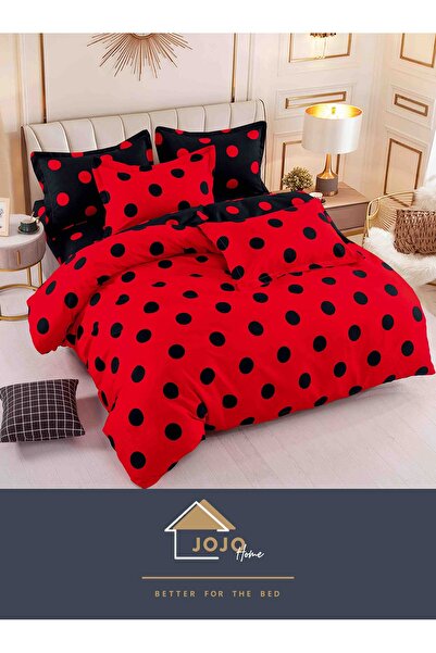 JOJO HOME Bedding set, fine cotton, 6 pieces, 230x240cm, Red / Black with polka dots