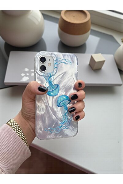 KVK PRİVACY iPhone 11 Compatible Jellyfish Patterned Feathered Hologram Silicone Case