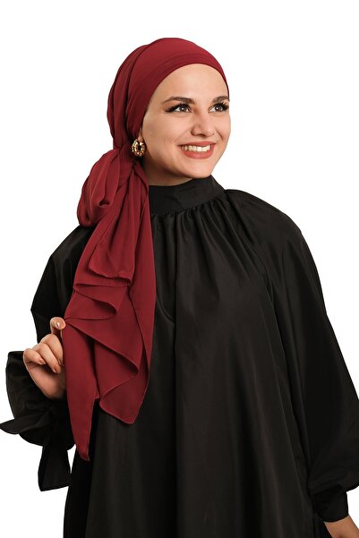 HÜRREM BONE Burgundy Practical Ready-To-Wear Bonnet Shawl Chiffon Plain 2506_16
