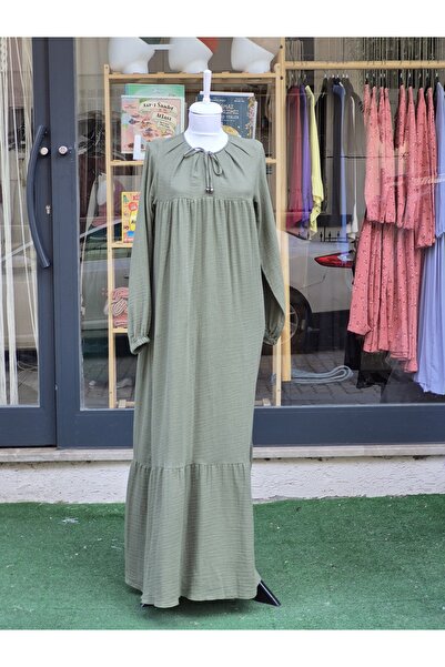 Nurul kisve Çift Robalı Fermuarlı Müslin Tesettür Haki