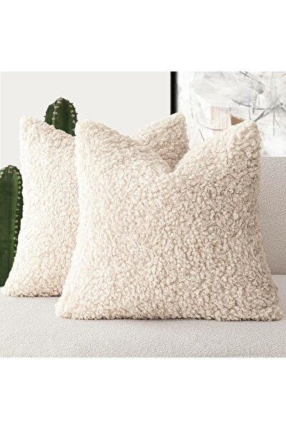 Saharaz قطعتان من غطاء وسادة من الفرو الصناعي بلون البيج الكريمي مقاس 20 × 20 بوصة، أغطية وسائد من فرو الشيربا